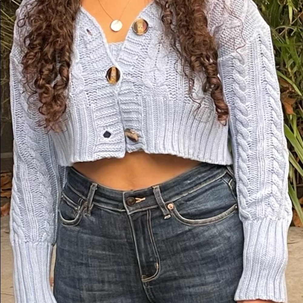 Powder Blue Knit Cardigan Sweater Set